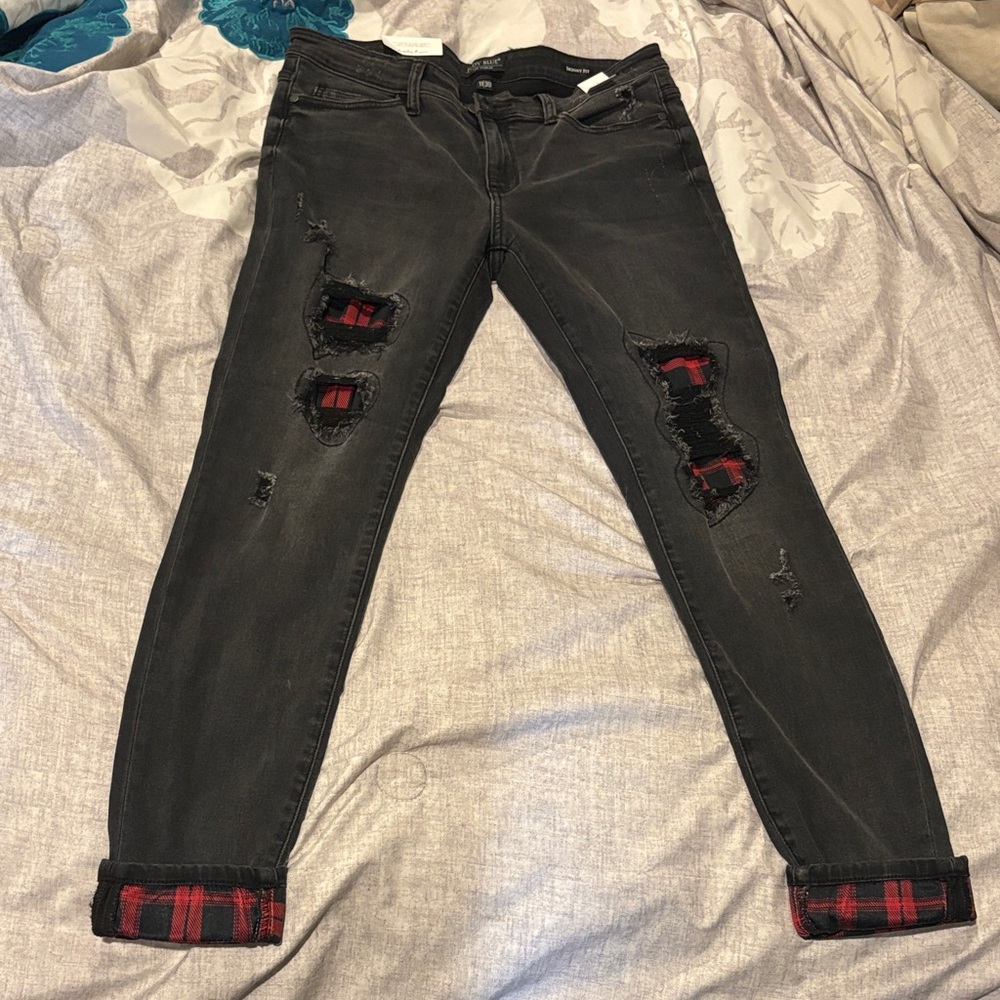 Judy Blue- Black Distressed Jeans with Red Plaid Accents